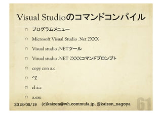 Visual Studioのコマンドコンパイル	
  プログラムメニュー
  Microsoft Visual Studio .Net 2XXX
  Visual studio .NETツール
  Visual studio .NET 2XXXコマンドプロンプト
  copy con a.c
  ^Z
  cl a.c
a.exe
	
2018/05/19 (c)kaizen@wh.commufa.jp, @kaizen_nagoya
 