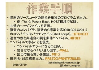 2018/05/19
(c)kaizen@wh.commufa.jp,
@kaizen_nagoya
•  資料のソースコードの断片を単独のプログラムで出力。	
•  例：The C Puzzle Book, HOST環境で試験。	
•  共通のヘッダファイルを定義。	
•  複数のコンパイラ、複数のC標準対応(C90,C99,C2011)
のコンパイルはバッチファイル(shell script)。
•  適合の例と非適合の例を条件コンパイル。
•  コンパイルできることを優先。	
•  コンパイルエラーになることあり。	
•  警告はなるべくたくさん出す。 	
•  出力で振る舞いを確認。 	
•  規則名・対応標準出力。
 