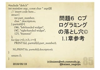 #include "defs.h”
int main(int argc, const char * argv[]){
// insert code here...
struct {
int part_number;
char * description;
} parttab[]={
046, "left-handed widget",
047, "right-handed widget",
125, "frammis"
};
for (int i=0; i<3; i++){
PRINT1(d, parttab[i].part_number);
NL;PRINT1(s, parttab[i].description);
}
return 0;
}
2018/05/19
(c)kaizen@wh.commufa.jp,
@kaizen_nagoya
問題６ Ｃプ
ログラミング
の落とし穴©
1.1章参考	
 