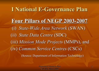 I National E-Governance Plan Four Pillars of NEGP 2003-2007 (i)  State-Wide Area Network  (SWAN)  (ii)  State Data Centre  (SDC)  (iii)  Mission Mode Projects  (MMPs), and  (iv)  Common Service Centres  (CSCs) (Source: Department of Information Technology) 
