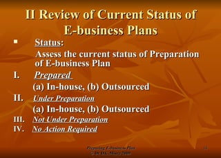 II Review of Current Status of  E-business Plans  Status :  Assess the current status of Preparation of E-business Plan I.  Prepared  (a) In-house, (b) Outsourced II.  Under Preparation   (a) In-house, (b) Outsourced   III.  Not Under Preparation   IV.  No Action Required 