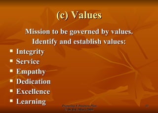 (c) Values Mission to be governed by values. Identify and establish values: Integrity Service Empathy Dedication Excellence Learning 