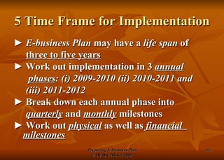5 Time Frame for Implementation ►  E-business Plan  may have a  life span  of three to five years ►  Work out implementation in 3  annual phases : (i) 2009-2010 (ii) 2010-2011 and (iii) 2011-2012 ►  Break down each annual phase into quarterly  and  monthly  milestones ►  Work out  physical  as well as  financial  milestones 