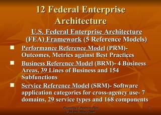 12 Federal Enterprise Architecture U.S. Federal Enterprise Architecture  (FEA)  Framework  (5 Reference Models) Performance Reference Model  (PRM)- Outcomes, Metrics against Best Practices Business Reference Model  (BRM)- 4 Business Areas, 39 Lines of Business and 154 Subfunctions Service Reference Model  (SRM)- Software application categories for cross-agency use- 7 domains, 29 service types and 168 components 