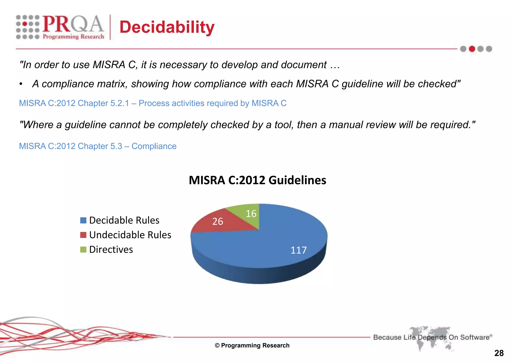 © Programming Research
28
Decidability
"In order to use MISRA C, it is necessary to develop and document …
• A compliance matrix, showing how compliance with each MISRA C guideline will be checked"
MISRA C:2012 Chapter 5.2.1 – Process activities required by MISRA C
"Where a guideline cannot be completely checked by a tool, then a manual review will be required."
MISRA C:2012 Chapter 5.3 – Compliance
117
26
16
MISRA C:2012 Guidelines
Decidable Rules
Undecidable Rules
Directives
 