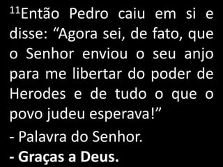 11Então  Pedro caiu em si e
disse: “Agora sei, de fato, que
o Senhor enviou o seu anjo
para me libertar do poder de
Herodes e de tudo o que o
povo judeu esperava!”
- Palavra do Senhor.
- Graças a Deus.
 