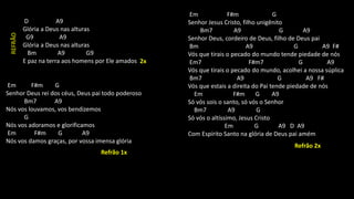 D A9
Glória a Deus nas alturas
G9 A9
Glória a Deus nas alturas
Bm A9 G9
E paz na terra aos homens por Ele amados
Em F#m G
Senhor Deus rei dos céus, Deus pai todo poderoso
Bm7 A9
Nós vos louvamos, vos bendizemos
G
Nós vos adoramos e glorificamos
Em F#m G A9
Nós vos damos graças, por vossa imensa glória
Em F#m G
Senhor Jesus Cristo, filho unigênito
Bm7 A9 G A9
Senhor Deus, cordeiro de Deus, filho de Deus pai
Bm A9 G A9 F#
Vós que tirais o pecado do mundo tende piedade de nós
Em7 F#m7 G A9
Vós que tirais o pecado do mundo, acolhei a nossa súplica
Bm7 A9 G A9 F#
Vós que estais a direita do Pai tende piedade de nós
Em F#m G A9
Só vós sois o santo, só vós o Senhor
Bm7 A9 G
Só vós o altíssimo, Jesus Cristo
Em G A9 D A9
Com Espírito Santo na glória de Deus pai amém
2x
Refrão 1x
REFRÃO
Refrão 2x
 