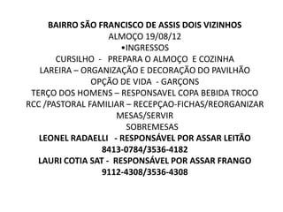 BAIRRO SÃO FRANCISCO DE ASSIS DOIS VIZINHOS
                    ALMOÇO 19/08/12
                       •INGRESSOS
       CURSILHO - PREPARA O ALMOÇO E COZINHA
   LAREIRA – ORGANIZAÇÃO E DECORAÇÃO DO PAVILHÃO
               OPÇÃO DE VIDA - GARÇONS
 TERÇO DOS HOMENS – RESPONSAVEL COPA BEBIDA TROCO
RCC /PASTORAL FAMILIAR – RECEPÇAO-FICHAS/REORGANIZAR
                      MESAS/SERVIR
                        SOBREMESAS
   LEONEL RADAELLI - RESPONSÁVEL POR ASSAR LEITÃO
                  8413-0784/3536-4182
   LAURI COTIA SAT - RESPONSÁVEL POR ASSAR FRANGO
                  9112-4308/3536-4308
 