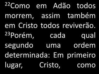 22Como   em Adão todos
morrem, assim também
em Cristo todos reviverão.
23Porém,     cada     qual
segundo     uma    ordem
determinada: Em primeiro
lugar,    Cristo,    como
 