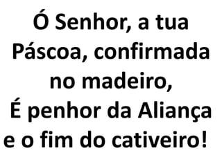 Ó Senhor, a tua
 Páscoa, confirmada
     no madeiro,
 É penhor da Aliança
e o fim do cativeiro!
 