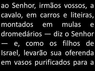 ao Senhor, irmãos vossos, a
cavalo, em carros e liteiras,
montados em mulas e
dromedários — diz o Senhor
— e, como os filhos de
Israel, levarão sua oferenda
em vasos purificados para a
 