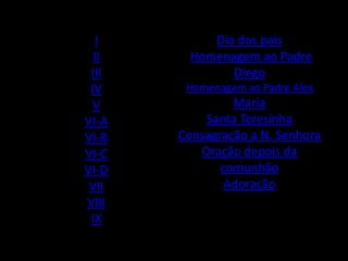 I         Dia dos pais
  II     Homenagem ao Padre
 III           Diego
 IV     Homenagem ao Padre Alex
  V             Maria
VI-A       Santa Teresinha
VI-B   Consagração a N. Senhora
VI-C      Oração depois da
VI-D          comunhão
 VII           Adoração
VIII
 IX
 