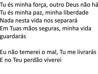 Tu és minha força, outro Deus não há
Tu és minha paz, minha liberdade
Nada nesta vida nos separará
Em Tuas mãos seguras, minha vida
guardarás
Eu não temerei o mal, Tu me livrarás
E no Teu perdão viverei
 