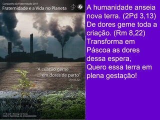 A humanidade anseia nova terra. (2Pd 3,13) De dores geme toda a criação. (Rm 8,22) Transforma em Páscoa as dores dessa espera, Quero essa terra em plena gestação!  