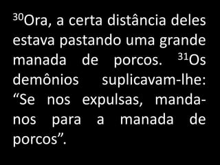 30Ora,a certa distância deles
estava pastando uma grande
manada de porcos.        31Os

demônios suplicavam-lhe:
“Se nos expulsas, manda-
nos para a manada de
porcos”.
 