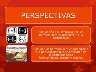 PERSPECTIVAS

     Eliminación / minimización de las
     barreras para el aprendizaje y la
               participación



  Eliminar las barreras para el aprendizaje
   y la participación que se presentan en
             los contextos socio-
      familiar, áulico, escolar y laboral.
 