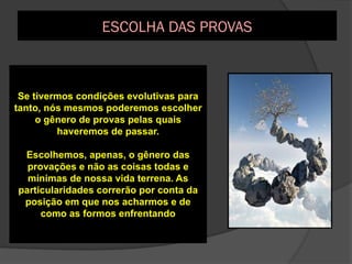 Se tivermos condições evolutivas para
tanto, nós mesmos poderemos escolher
o gênero de provas pelas quais
haveremos de passar.
Escolhemos, apenas, o gênero das
provações e não as coisas todas e
mínimas de nossa vida terrena. As
particularidades correrão por conta da
posição em que nos acharmos e de
como as formos enfrentando
ESCOLHA DAS PROVAS
 