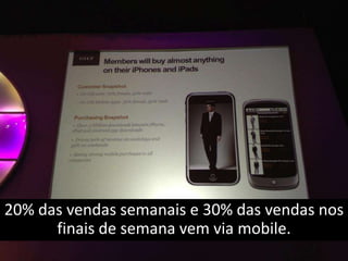 20% das vendas semanais e 30% das vendas nos
      finais de semana vem via mobile.
 