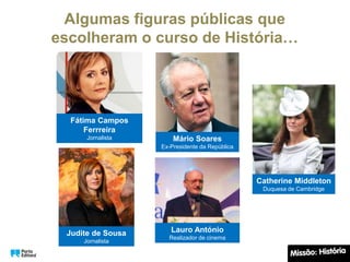 Algumas figuras públicas que
escolheram o curso de História…
Fátima Campos
Ferrreira
Jornalista
Judite de Sousa
Jornalista
Mário Soares
Ex-Presidente da República
Lauro António
Realizador de cinema
Catherine Middleton
Duquesa de Cambridge
 