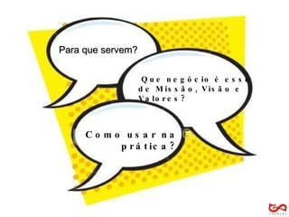 Como usar na prática? Que negócio é esse de Missão, Visão e Valores? Para que servem? 