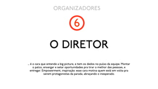 ORGANIZADORES

                                    6
                 O DIRETOR
... é o cara que entende a big picture, e tem os dedos no pulso da equipe. Montar
      o palco, enxergar e setar oportunidades pra tirar o melhor das pessoas, e
    entregar. Empowerment, inspiração: esse cara motiva quem está em volta pra
               serem protagonistas da parada, abraçando o inesperado.
 
