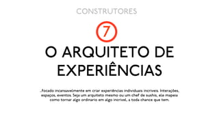 CONSTRUTORES

        7
  O ARQUITETO DE
   EXPERIÊNCIAS
...focado incansavelmente em criar experiências individuais incriveis. Interações,
  espaços, eventos. Seja um arquiteto mesmo ou um chef de sushis, ele mapeia
       como tornar algo ordinario em algo incrivel, a toda chance que tem.
 