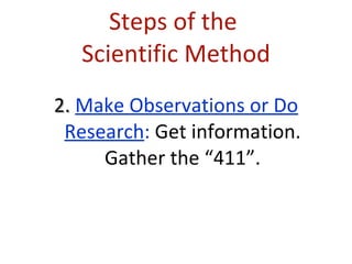 Steps of the  Scientific Method 2.  Make Observations or Do Research :  Get information. Gather the “411”. 