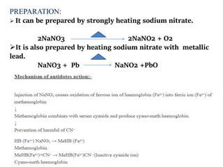 PREPARATION:
 It can be prepared by strongly heating sodium nitrate.
2NaNO3 2NaNO2 + O2
It is also prepared by heating sodium nitrate with metallic
lead.
NaNO3 + Pb NaNO2 +PbO
 