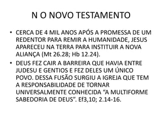 N O NOVO TESTAMENTO
• CERCA DE 4 MIL ANOS APÓS A PROMESSA DE UM
REDENTOR PARA REMIR A HUMANIDADE, JESUS
APARECEU NA TERRA PARA INSTITUIR A NOVA
ALIANÇA (Mt 26.28; Hb 12.24).
• DEUS FEZ CAIR A BARREIRA QUE HAVIA ENTRE
JUDESU E GENTIOS E FEZ DELES UM ÚNICO
POVO. DESSA FUSÃO SURGIU A IGREJA QUE TEM
A RESPONSABILIDADE DE TORNAR
UNIVERSALMENTE CONHECIDA “A MULTIFORME
SABEDORIA DE DEUS”. Ef3,10; 2.14-16.
 