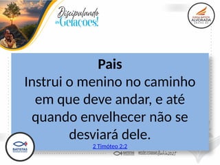 Pais
Instrui o menino no caminho
em que deve andar, e até
quando envelhecer não se
desviará dele.
2 Timóteo 2:2
 