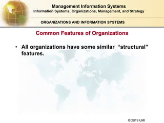 © 2019 UMI
ORGANIZATIONS AND INFORMATION SYSTEMS
• All organizations have some similar “structural”
features.
Management Information Systems
Information Systems, Organizations, Management, and Strategy
Common Features of Organizations
 