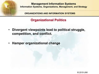 © 2019 UMI
ORGANIZATIONS AND INFORMATION SYSTEMS
• Divergent viewpoints lead to political struggle,
competition, and conflict.
• Hamper organizational change
Management Information Systems
Information Systems, Organizations, Management, and Strategy
Organizational Politics
 