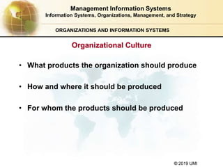 © 2019 UMI
ORGANIZATIONS AND INFORMATION SYSTEMS
• What products the organization should produce
• How and where it should be produced
• For whom the products should be produced
Management Information Systems
Information Systems, Organizations, Management, and Strategy
Organizational Culture
 
