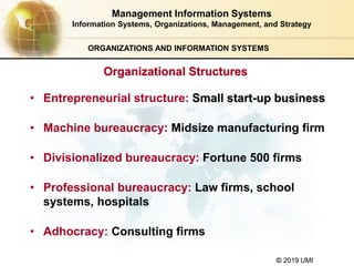 © 2019 UMI
ORGANIZATIONS AND INFORMATION SYSTEMS
• Entrepreneurial structure: Small start-up business
• Machine bureaucracy: Midsize manufacturing firm
• Divisionalized bureaucracy: Fortune 500 firms
• Professional bureaucracy: Law firms, school
systems, hospitals
• Adhocracy: Consulting firms
Management Information Systems
Information Systems, Organizations, Management, and Strategy
Organizational Structures
 
