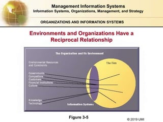© 2019 UMI
ORGANIZATIONS AND INFORMATION SYSTEMS
Environments and Organizations Have a
Reciprocal Relationship
Figure 3-5
Management Information Systems
Information Systems, Organizations, Management, and Strategy
 