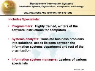 © 2019 UMI
ORGANIZATIONS AND INFORMATION SYSTEMS
Includes Specialists:
• Programmers: Highly trained, writers of the
software instructions for computers
• Systems analysts: Translate business problems
into solutions, act as liaisons between the
information systems department and rest of the
organization
• Information system managers: Leaders of various
specialists
Management Information Systems
Information Systems, Organizations, Management, and Strategy
 