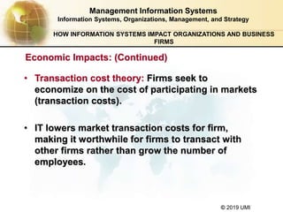 © 2019 UMI
• Transaction cost theory: Firms seek to
economize on the cost of participating in markets
(transaction costs).
• IT lowers market transaction costs for firm,
making it worthwhile for firms to transact with
other firms rather than grow the number of
employees.
Management Information Systems
Information Systems, Organizations, Management, and Strategy
Economic Impacts: (Continued)
HOW INFORMATION SYSTEMS IMPACT ORGANIZATIONS AND BUSINESS
FIRMS
 