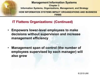 © 2019 UMI
Management Information Systems
Chapter 3
Information Systems, Organizations, Management, and Strategy
• Empowers lower-level employees to make
decisions without supervision and increase
management efficiency
• Management span of control (the number of
employees supervised by each manager) will
also grow
HOW INFORMATION SYSTEMS IMPACT ORGANIZATIONS AND BUSINESS
FIRMS
IT Flattens Organizations: (Continued)
 