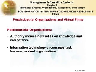 © 2019 UMI
Postindustrial Organizations and Virtual Firms
Management Information Systems
Chapter 3
Information Systems, Organizations, Management, and Strategy
Postindustrial Organizations:
• Authority increasingly relies on knowledge and
competence.
• Information technology encourages task
force-networked organizations.
HOW INFORMATION SYSTEMS IMPACT ORGANIZATIONS AND BUSINESS
FIRMS
 