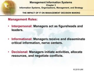 © 2019 UMI
THE IMPACT OF IT ON MANAGEMENT DECISION MAKING
• Interpersonal: Managers act as figureheads and
leaders.
• Informational: Managers receive and disseminate
critical information, nerve centers.
• Decisional: Managers initiate activities, allocate
resources, and negotiate conflicts.
Management Roles:
Management Information Systems
Chapter 3
Information Systems, Organizations, Management, and Strategy
 