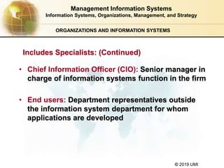 © 2019 UMI
ORGANIZATIONS AND INFORMATION SYSTEMS
• Chief Information Officer (CIO): Senior manager in
charge of informatio...