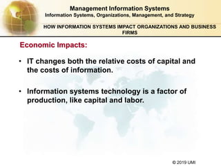 © 2019 UMI
HOW INFORMATION SYSTEMS IMPACT ORGANIZATIONS AND BUSINESS
FIRMS
• IT changes both the relative costs of capital...