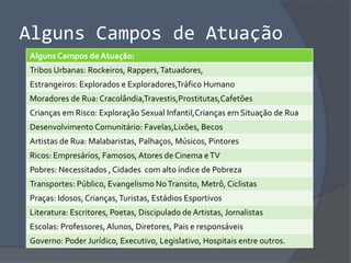 Alguns Campos de Atuação
Alguns Campos de Atuação:
Tribos Urbanas: Rockeiros, Rappers,Tatuadores,
Estrangeiros: Explorados e Exploradores,Tráfico Humano
Moradores de Rua: Cracolândia,Travestis,Prostitutas,Cafetões
Crianças em Risco: Exploração Sexual Infantil,Crianças em Situação de Rua
Desenvolvimento Comunitário: Favelas,Lixões, Becos
Artistas de Rua: Malabaristas, Palhaços, Músicos, Pintores
Ricos: Empresários, Famosos, Atores de Cinema eTV
Pobres: Necessitados , Cidades com alto índice de Pobreza
Transportes: Público, Evangelismo NoTransito, Metrô, Ciclistas
Praças: Idosos, Crianças,Turistas, Estádios Esportivos
Literatura: Escritores, Poetas, Discipulado de Artistas, Jornalistas
Escolas: Professores,Alunos, Diretores, Pais e responsáveis
Governo: Poder Jurídico, Executivo, Legislativo, Hospitais entre outros.
 