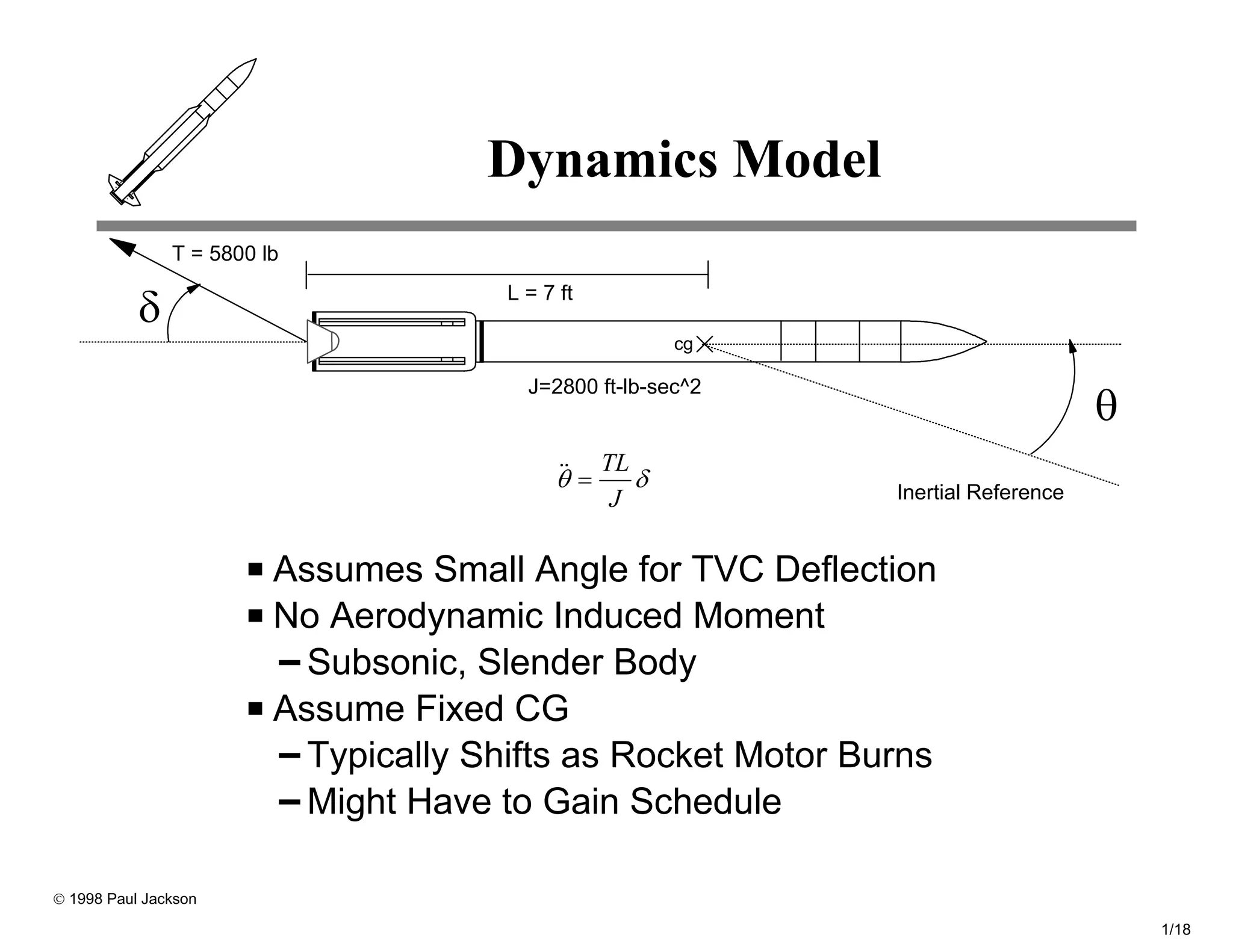 Dynamics Model
               T = 5800 lb

           δ                           L = 7 ft

                                                         cg


                                                                                   θ
                                         J=2800 ft-lb-sec^2


                                                  TL
                                            θ=       δ        Inertial Reference
                                                   J

                         Assumes Small Angle for TVC Deflection
                         No Aerodynamic Induced Moment
                           Subsonic, Slender Body
                         Assume Fixed CG
                           Typically Shifts as Rocket Motor Burns
                           Might Have to Gain Schedule

© 1998 Paul Jackson

                                                                                       1/18
 