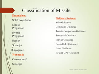Classification of Missile
Propulsion:
Solid Propulsion
Liquid
Propulsion
Hybrid
Propulsion
Ramjet
Scramjet
Cryogenic
Warhead:
Conventional
Strategic
Guidance Systems:
Wire Guidance
Command Guidance
Terrain Comparison Guidance
Terrestrial Guidance
Inertial Guidance
Beam Rider Guidance
Laser Guidance
RF and GPS Reference
DINESH BABU.V -AP/AERO-NIET
 