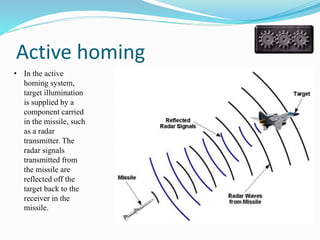 Active homing
• In the active
homing system,
target illumination
is supplied by a
component carried
in the missile, such
as a radar
transmitter. The
radar signals
transmitted from
the missile are
reflected off the
target back to the
receiver in the
missile.
 