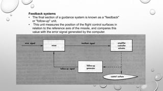 Feedback systems
• The final section of a guidance system is known as a "feedback"
or "follow-up" unit.
• This unit measures the position of the flight control surfaces in
relation to the reference axis of the missile, and compares this
value with the error signal generated by the computer.
 