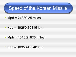 Speed of the Korean Missile Mpd = 24389.25 miles Kpd = 39250.69315 km. Mph = 1016.21875 miles Kph = 1635.445348 km. 