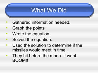What We Did Gathered information needed. Graph the points Wrote the equation. Solved the equation. Used the solution to determine if the missiles would meet in time. They hit before the moon. It went BOOM!! 