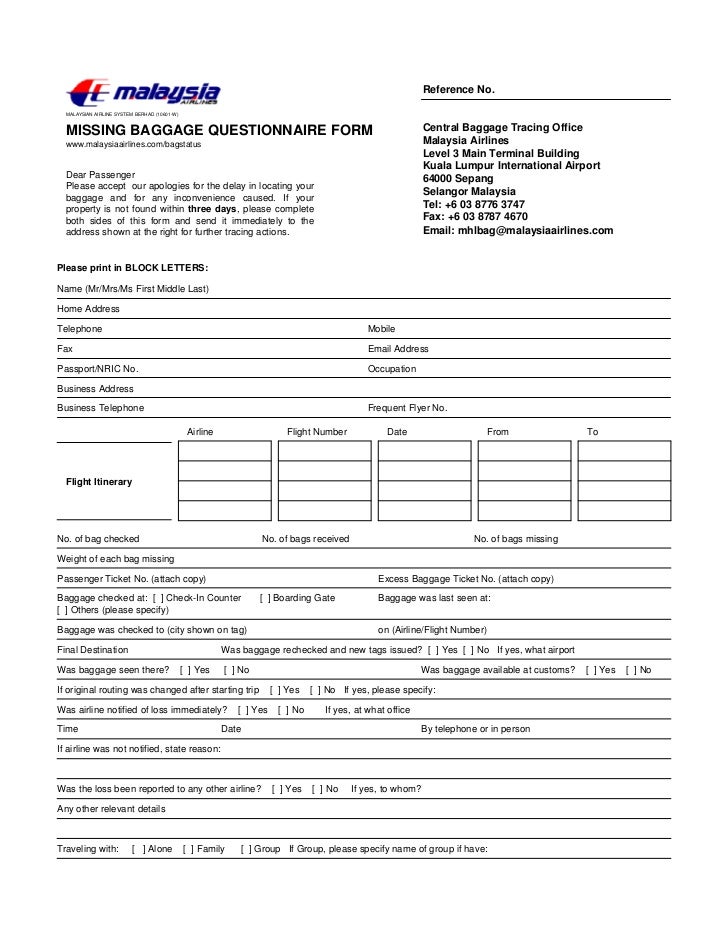 Missing Baggage Questionnaire Form Malaysia Airlines